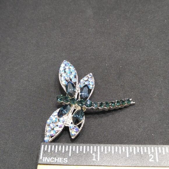 Dragonfly Brooch, Aurora Borealis, Deep Green Rhinestones, Silver Tone, 1 1/2 In - Picture 5 of 8